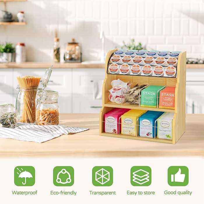 LASZOLA Bamboo Tea Bag and Coffee Holder Organizer for Cabinet Counter Office, 3 Tier Large Capacity Vertical K Cup and Tea Packet Storage Rack, Sturdy Display Stand, Easy Assemble - Image 6