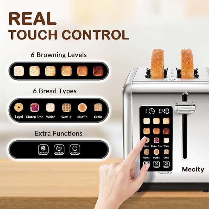 Mecity 2 Slice Toaster Touch Screen 1.5" Wide Slot, Stainless Steel Smart Bread Toaster for Bagel Muffin Waffle Gluten Free Breads, Timer, Defrost, Reheat, 120V 825W - Image 3