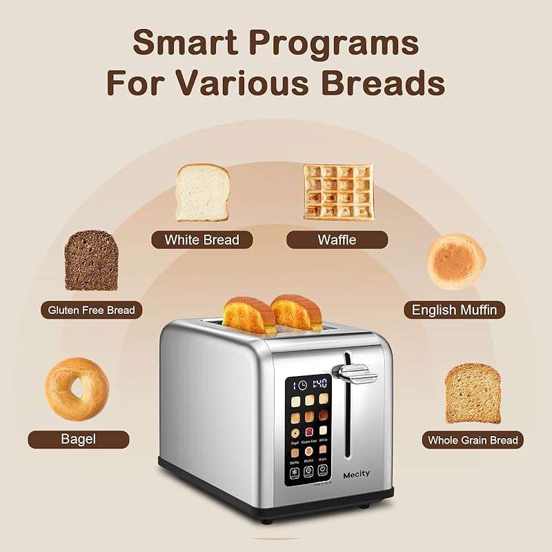 Mecity 2 Slice Toaster Touch Screen 1.5" Wide Slot, Stainless Steel Smart Bread Toaster for Bagel Muffin Waffle Gluten Free Breads, Timer, Defrost, Reheat, 120V 825W - Image 4