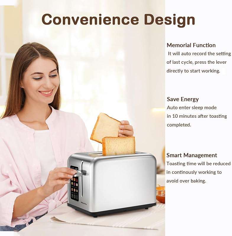 Mecity 2 Slice Toaster Touch Screen 1.5" Wide Slot, Stainless Steel Smart Bread Toaster for Bagel Muffin Waffle Gluten Free Breads, Timer, Defrost, Reheat, 120V 825W - Image 6