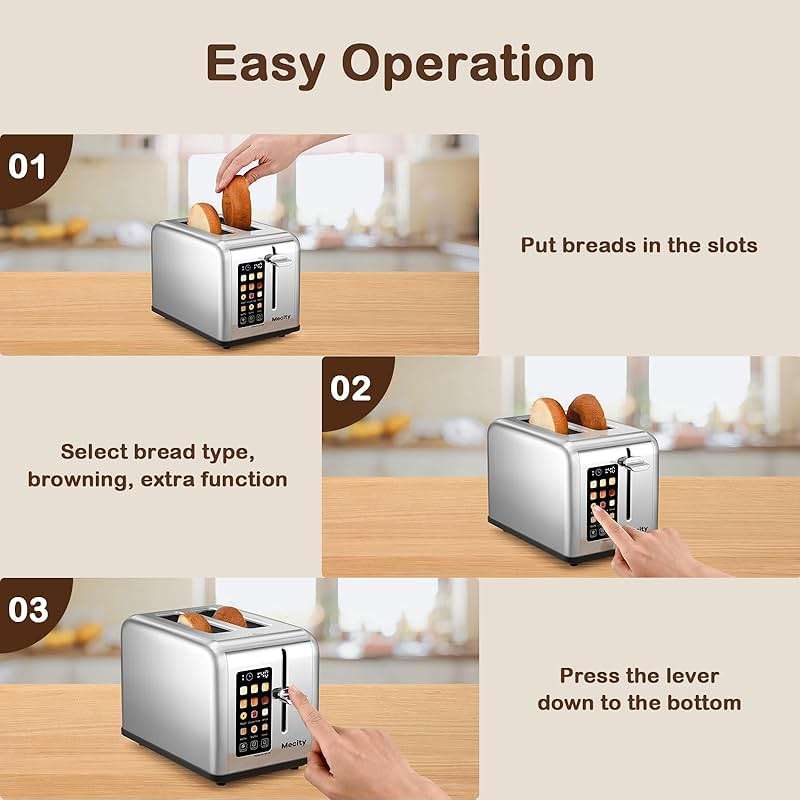 Mecity 2 Slice Toaster Touch Screen 1.5" Wide Slot, Stainless Steel Smart Bread Toaster for Bagel Muffin Waffle Gluten Free Breads, Timer, Defrost, Reheat, 120V 825W - Image 7