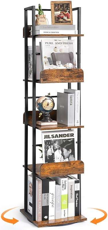 Bikoney Rotating Bookshelf, 360 Display Spinning Bookshelf Tower, 5-Tier Narrow Bookcase, Tall Industrial Book Shelf Organizer, Small Corner Book Shelves for Living Room, Black - Image 1