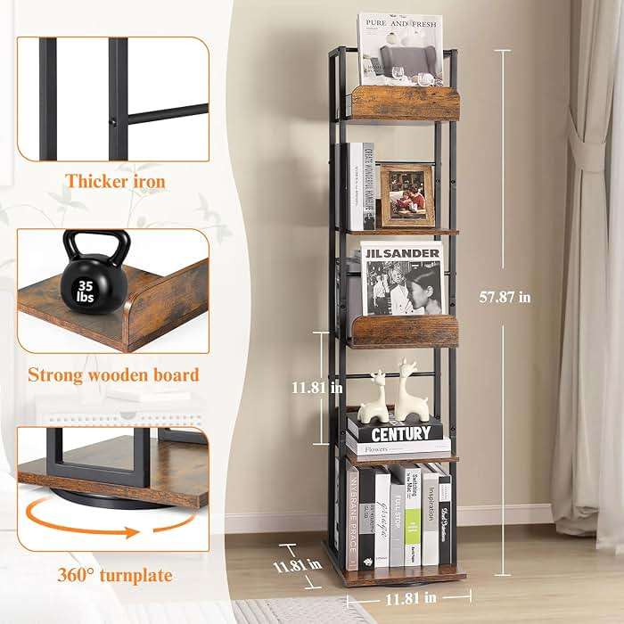 Bikoney Rotating Bookshelf, 360 Display Spinning Bookshelf Tower, 5-Tier Narrow Bookcase, Tall Industrial Book Shelf Organizer, Small Corner Book Shelves for Living Room, Black - Image 3