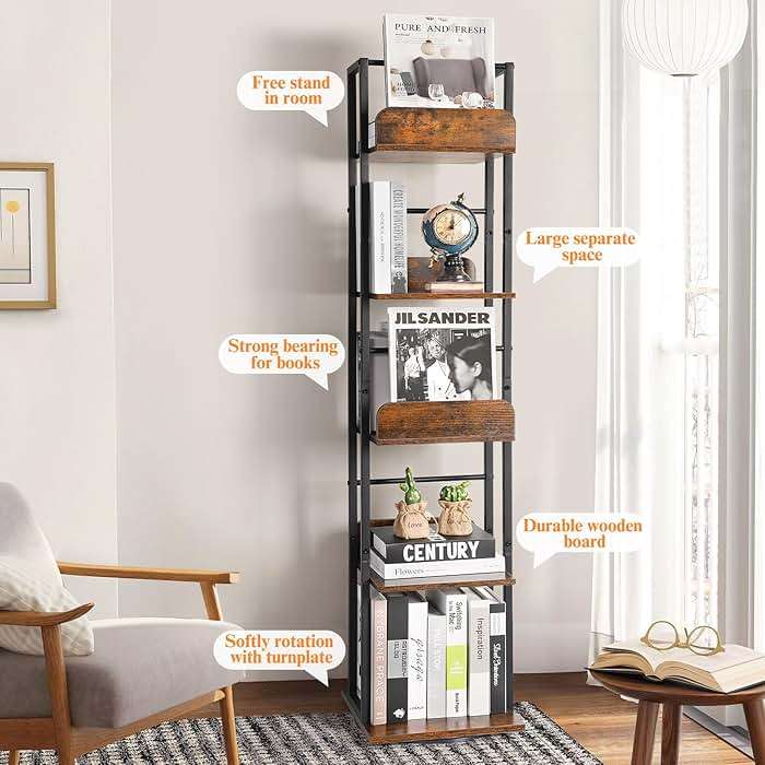 Bikoney Rotating Bookshelf, 360 Display Spinning Bookshelf Tower, 5-Tier Narrow Bookcase, Tall Industrial Book Shelf Organizer, Small Corner Book Shelves for Living Room, Black - Image 6