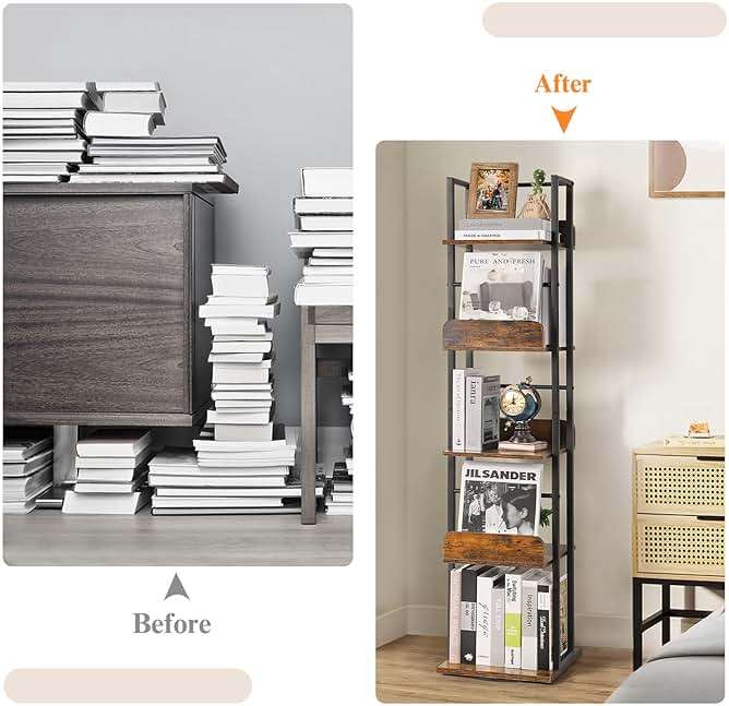 Bikoney Rotating Bookshelf, 360 Display Spinning Bookshelf Tower, 5-Tier Narrow Bookcase, Tall Industrial Book Shelf Organizer, Small Corner Book Shelves for Living Room, Black - Image 7