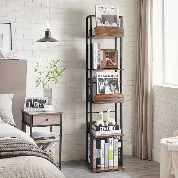 Bikoney Rotating Bookshelf, 360 Display Spinning Bookshelf Tower, 5-Tier Narrow Bookcase, Tall Industrial Book Shelf Organizer, Small Corner Book Shelves for Living Room, Black - Image 9