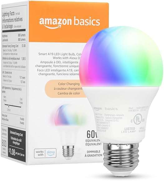 Amazon Basics Smart A19 LED Light Bulb, Color Changing, 9W (60W Equivalent), 800LM, Works with Alexa Only, WiFi 2.4 GHz, No Hub Required, Mood Lighting, Energy Efficient, 1-Pack - Image 1