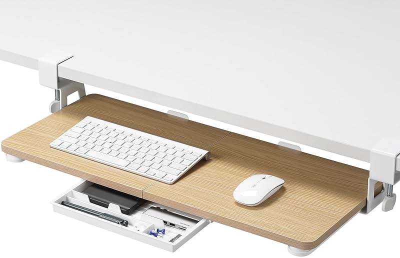 ETHU Keyboard Tray Under Desk, 26.77" X 11.81" Large Size Keyboard Tray with C Clamp-on Mount Easy to Install, Computer Keyboard Stand, Ergonomic Keyboard Tray for Home and Office (Oak) - Image 1