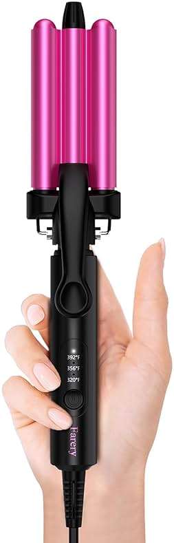 Farery Mini 3 Barrel Hair Waver - Portable Beach Wave Curling Iron for Short Hair, 1/2 Inch Ceramic Crimper with 3 Temp Settings & 30s Fast Heating, Dual Voltage Travel Hair Waver for Women, Pouch Bag - Image 1