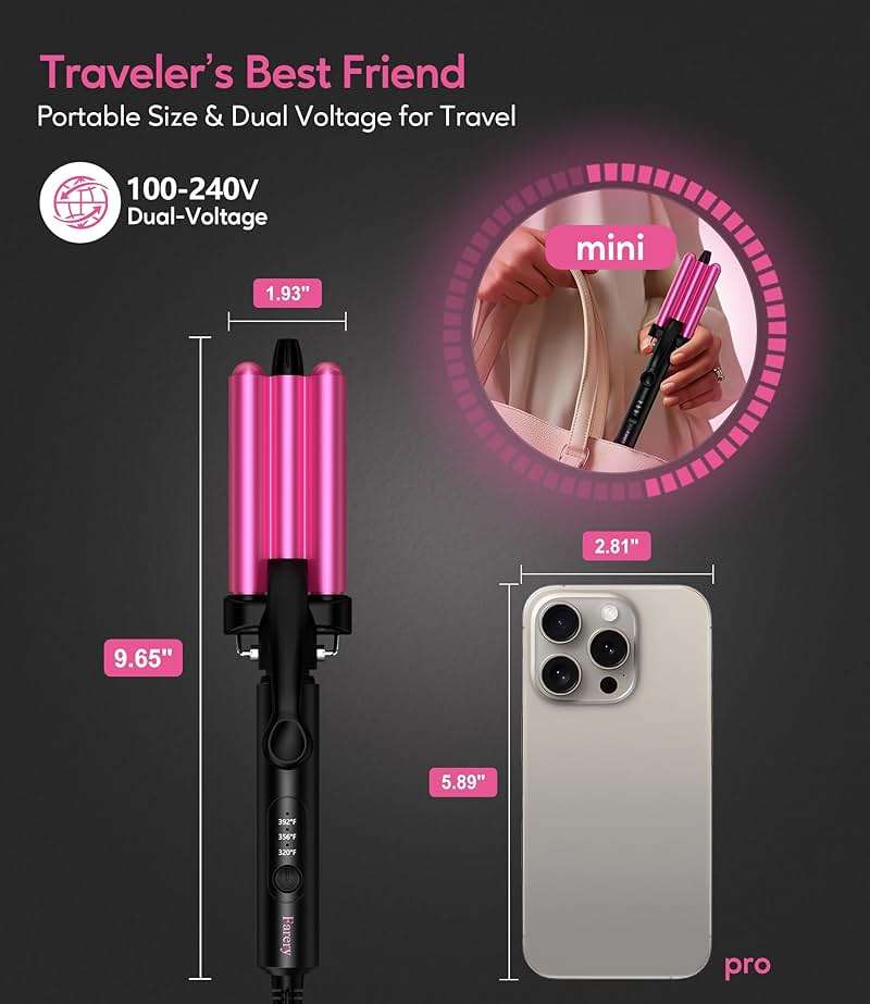 Farery Mini 3 Barrel Hair Waver - Portable Beach Wave Curling Iron for Short Hair, 1/2 Inch Ceramic Crimper with 3 Temp Settings & 30s Fast Heating, Dual Voltage Travel Hair Waver for Women, Pouch Bag - Image 2