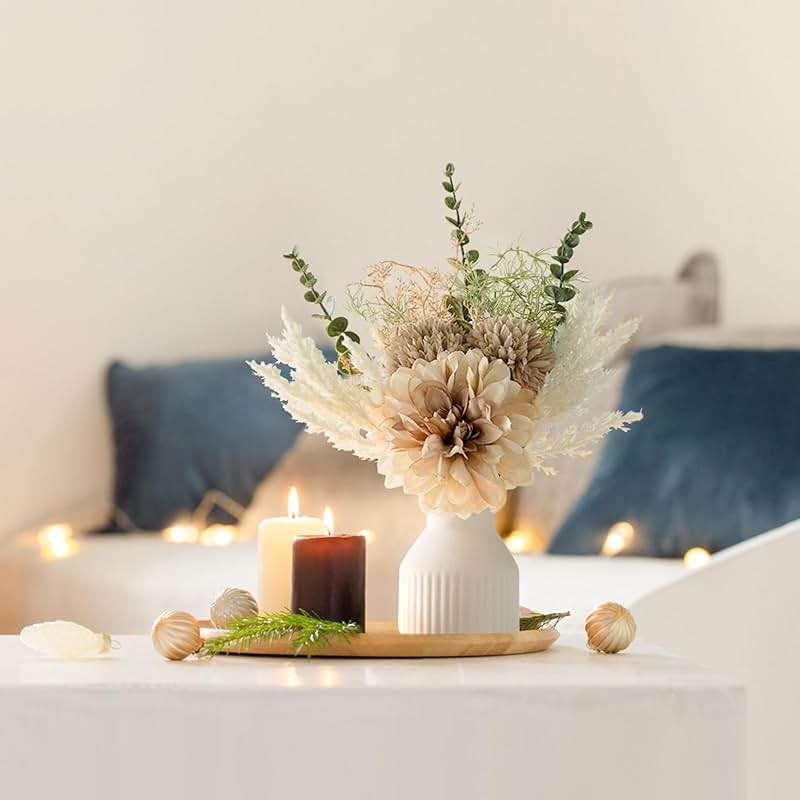 Mkono Small Artificial Flowers in Ceramic Vase 12.5" Centerpieces Coffee Table Decor, Silk Flower Arrangements for Home Decor Indoor Fake Flower Bouquet for Bathroom Dining Room Kitchen Wedding Brown - Image 2