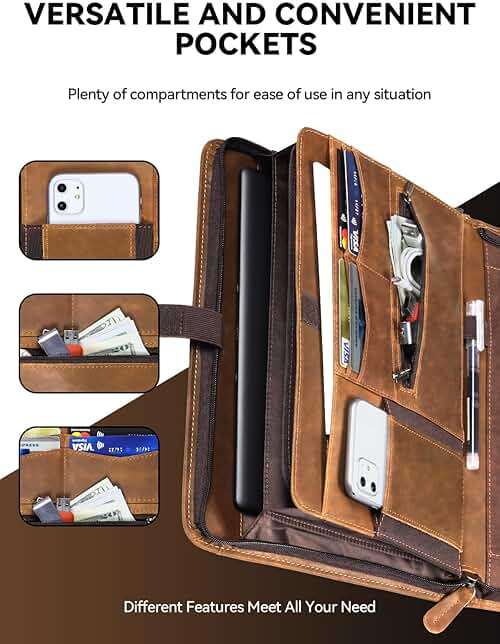 Carpetene Genuine Leather Portfolio, Professional Padfolio Binder Organizer with Zipper, Stylish Brown Cowhide Padfolio for Men Women, Leather Folio Folder for Business, Legal A4/Pad Holder Compatible - Image 6