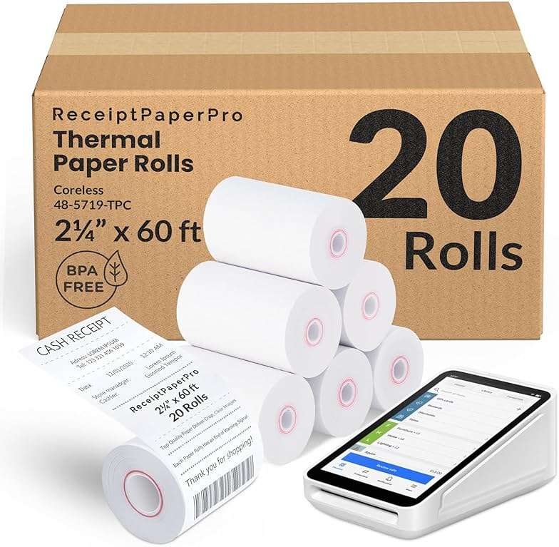 ReceiptPaperPro 2 1/4” x 60 ft Coreless Thermal Paper Receipt Rolls for Square Terminal, 20 Rolls - Image 1