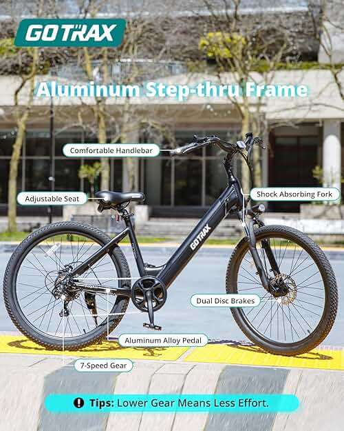 Gotrax Dolphin 26" Electric Bike, Max Range 30Miles(Pedal-assist1) & 20Mph Power by Peak 500W, 5 Pedal-Assist Levels & Front Suspension, 7-Speed&Boost Mode, City E-Bike for Adult, Step-Thru Bicycle - Image 3