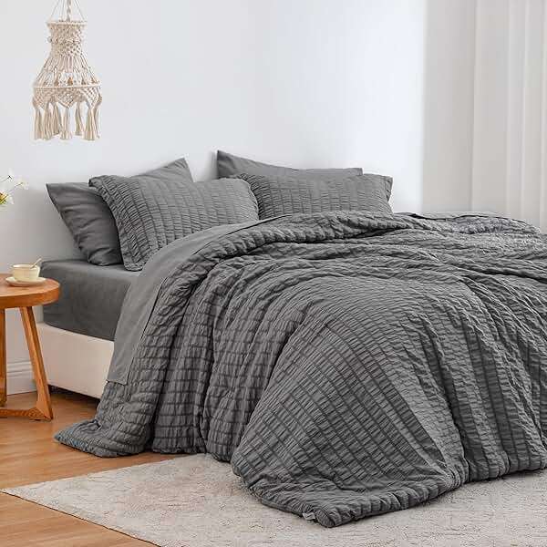 Love's cabin Seersucker Dark Grey Queen Comforter Set, 7-Piece All Season Lightweight Bed in a Bag Bedding Set with Comforter, Flat Sheet, Fitted Sheet, Pillowcases and Shams - Image 1
