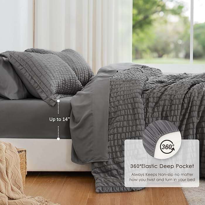 Love's cabin Seersucker Dark Grey Queen Comforter Set, 7-Piece All Season Lightweight Bed in a Bag Bedding Set with Comforter, Flat Sheet, Fitted Sheet, Pillowcases and Shams - Image 3