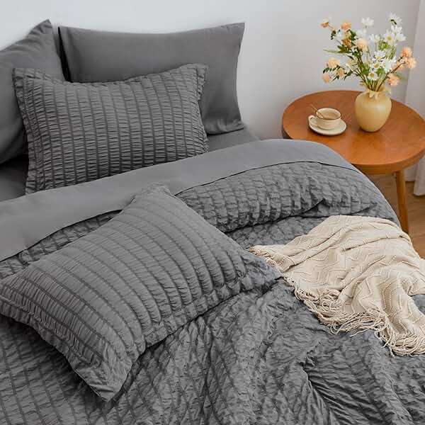 Love's cabin Seersucker Dark Grey Queen Comforter Set, 7-Piece All Season Lightweight Bed in a Bag Bedding Set with Comforter, Flat Sheet, Fitted Sheet, Pillowcases and Shams - Image 4