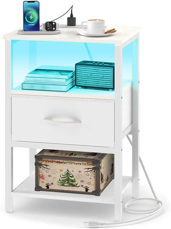 Yoobure White Night Stand with Charging Station, LED Nightstand for Bedroom, Bedside Tables with Adjustable Fabric Drawer, 3-Tier End Table Living Room, Small Side Table with Storage - Image 1