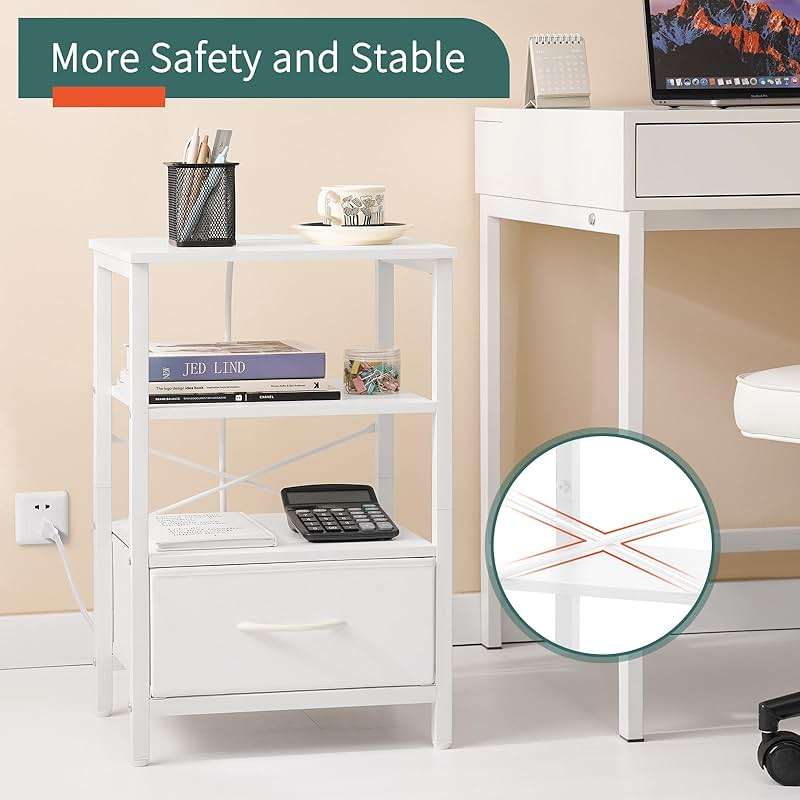 Yoobure White Night Stand with Charging Station, LED Nightstand for Bedroom, Bedside Tables with Adjustable Fabric Drawer, 3-Tier End Table Living Room, Small Side Table with Storage - Image 8