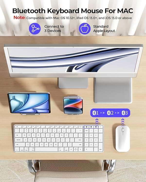 seenda Bluetooth Keyboard and Mouse Combo for Mac, SKM64-2 Rechargeable Silent Wireless Keyboard Mouse Compact Slim, 3 Multi-Device Connection, Compatible for Mac MacBook Pro/Air iPad, White Silver - Image 2