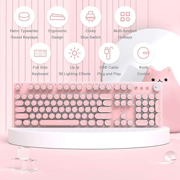 Typewriter Style Retro Wired Mechanical Gaming Keyboard, Vintage Steampunk with White LED Backlit, 104-Key Anti-Ghosting Blue Switch Cute Keyboard, Round Keycaps Knob Control for PC/Win/Mac/Laptop - Image 2