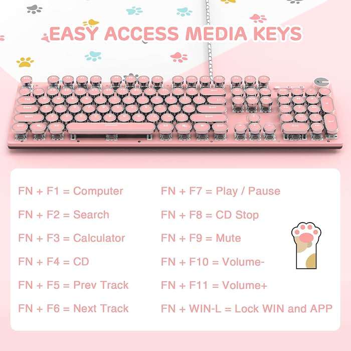 Typewriter Style Retro Wired Mechanical Gaming Keyboard, Vintage Steampunk with White LED Backlit, 104-Key Anti-Ghosting Blue Switch Cute Keyboard, Round Keycaps Knob Control for PC/Win/Mac/Laptop - Image 3