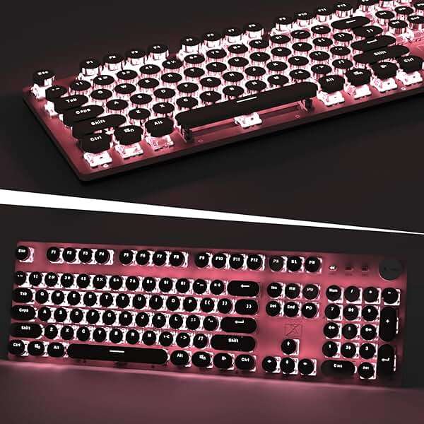 Typewriter Style Retro Wired Mechanical Gaming Keyboard, Vintage Steampunk with White LED Backlit, 104-Key Anti-Ghosting Blue Switch Cute Keyboard, Round Keycaps Knob Control for PC/Win/Mac/Laptop - Image 5