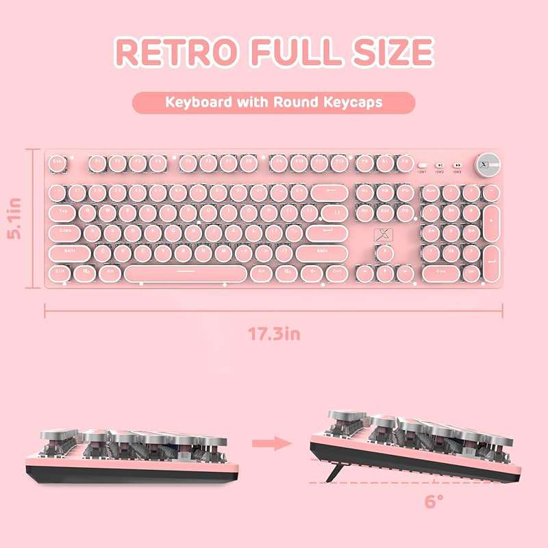Typewriter Style Retro Wired Mechanical Gaming Keyboard, Vintage Steampunk with White LED Backlit, 104-Key Anti-Ghosting Blue Switch Cute Keyboard, Round Keycaps Knob Control for PC/Win/Mac/Laptop - Image 6
