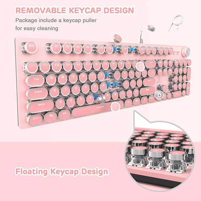 Typewriter Style Retro Wired Mechanical Gaming Keyboard, Vintage Steampunk with White LED Backlit, 104-Key Anti-Ghosting Blue Switch Cute Keyboard, Round Keycaps Knob Control for PC/Win/Mac/Laptop - Image 7