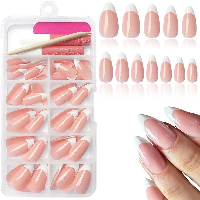 Bellelfin 120Pcs White French Tip Press on Nails Almond Shape Fake Nails, Full Cover Glossy Nude False Nails Acrylic Glue on Nail with 5 Sheets Adhesive Tabs for Women Girls Finger Design - Image 1