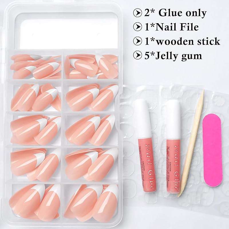 Bellelfin 120Pcs White French Tip Press on Nails Almond Shape Fake Nails, Full Cover Glossy Nude False Nails Acrylic Glue on Nail with 5 Sheets Adhesive Tabs for Women Girls Finger Design - Image 4