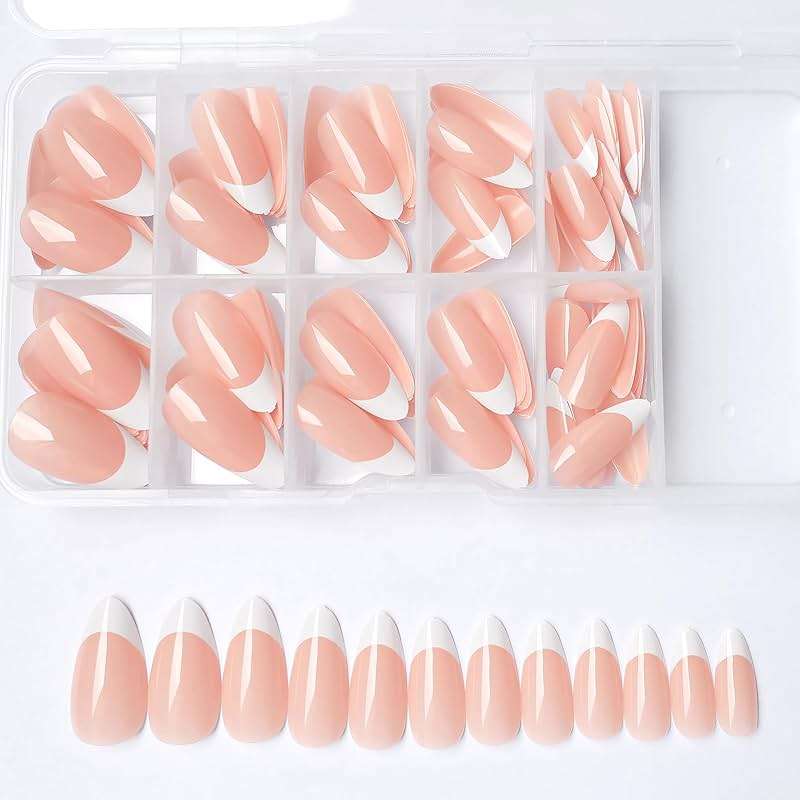 Bellelfin 120Pcs White French Tip Press on Nails Almond Shape Fake Nails, Full Cover Glossy Nude False Nails Acrylic Glue on Nail with 5 Sheets Adhesive Tabs for Women Girls Finger Design - Image 9