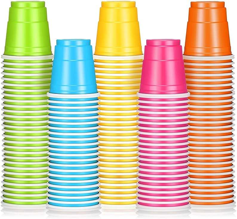 Roshtia 100 Pack 2 oz Plastic Shot Cups, Mini Disposable Shot Glasses 2 oz Wedding Party Cups for Bridal Shower Wedding Party, Beer Taste Serving, Snacks(Multi Colors) - Image 1