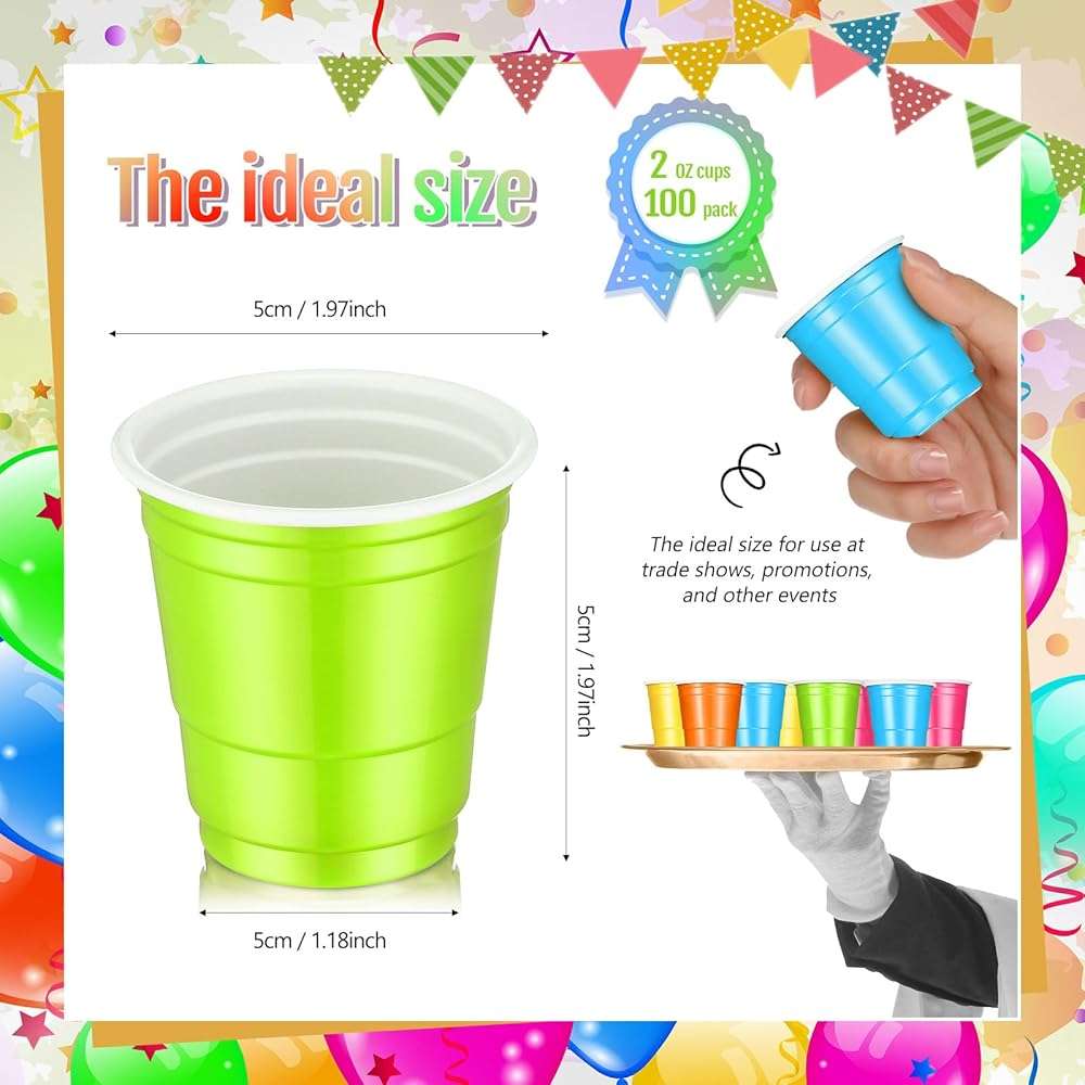 Roshtia 100 Pack 2 oz Plastic Shot Cups, Mini Disposable Shot Glasses 2 oz Wedding Party Cups for Bridal Shower Wedding Party, Beer Taste Serving, Snacks(Multi Colors) - Image 3