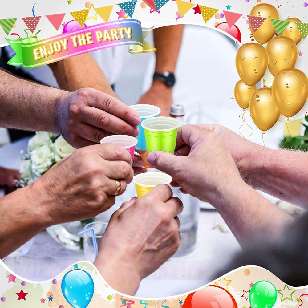 Roshtia 100 Pack 2 oz Plastic Shot Cups, Mini Disposable Shot Glasses 2 oz Wedding Party Cups for Bridal Shower Wedding Party, Beer Taste Serving, Snacks(Multi Colors) - Image 4