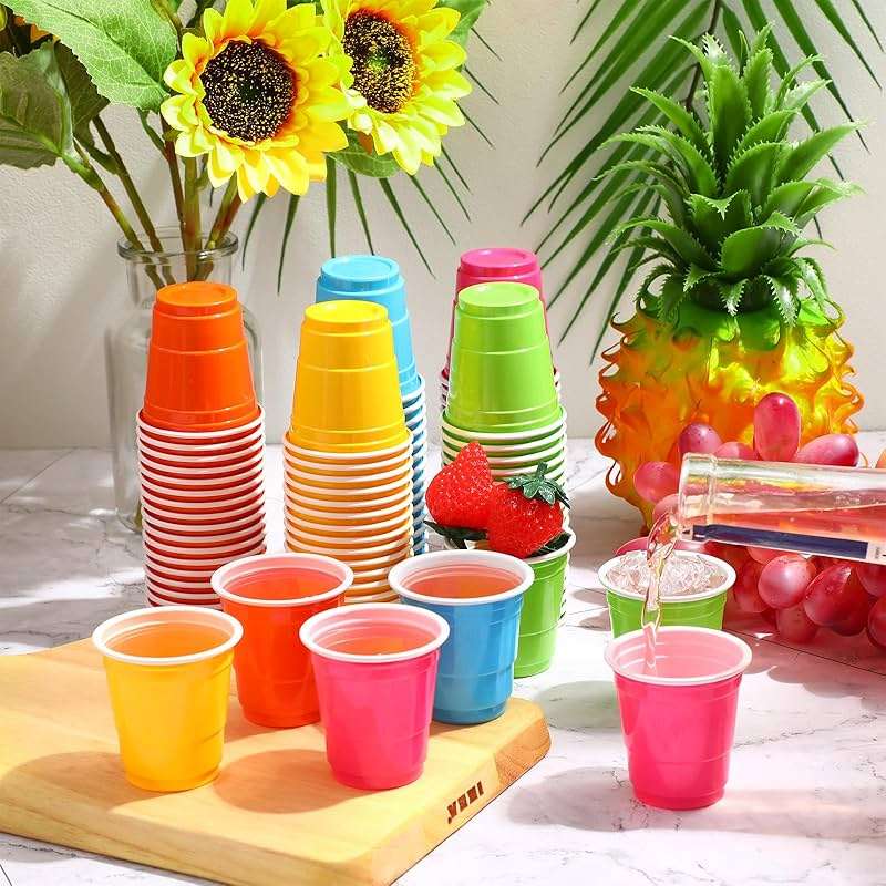 Roshtia 100 Pack 2 oz Plastic Shot Cups, Mini Disposable Shot Glasses 2 oz Wedding Party Cups for Bridal Shower Wedding Party, Beer Taste Serving, Snacks(Multi Colors) - Image 6