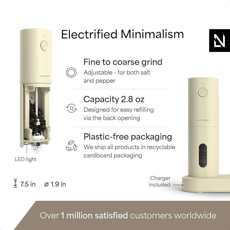 LARS NYSØM Electric Salt and Pepper Grinder Set, USB Rechargeable, Automatic Salt and Pepper Mills, Spice Shakers Refillable with LED Light, Adjustable Coarseness, Ceramic Grinder (Butter Cream) - Image 4