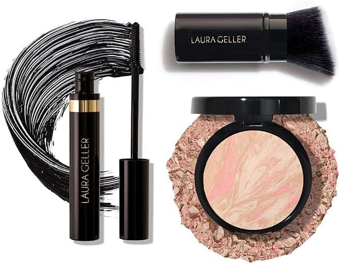 LAURA GELLER NEW YORK Baked Balance-n-Brighten Powder Foundation, Porcelain + Retractable Angled Kabuki Brush + Kajal Longwear Length and Volume Black Mascara - Image 1
