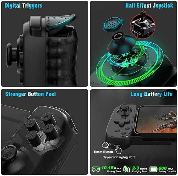 Joso Wireless Phone Controller for iPhone/Android, Mobile Game Controller with Hall Joystick Suitable for Xbox Cloud Gaming, PS Remote Play, Steam Link, Call of Duty & More - Black - Image 4
