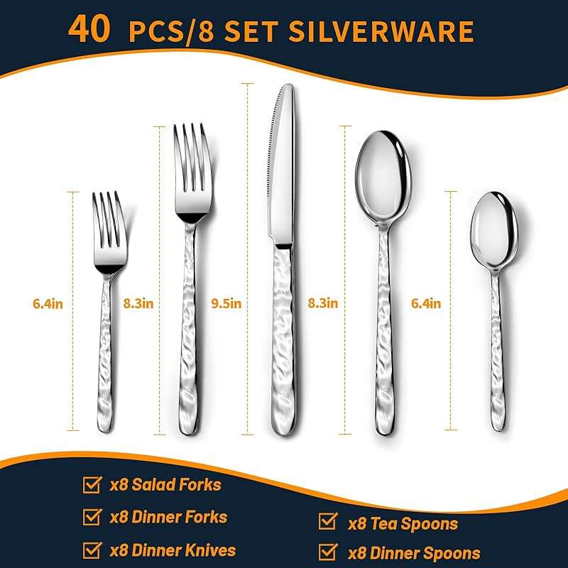 NICE KITCHEN Silverware Set, 40 Piece Premium Stainless Steel Flatware Set for 8, Heavy Duty Silverware Cutlery Sets with Wavy Patterns, Spoons and Forks Set, Mirror Polished, Dishwasher Safe - Image 3