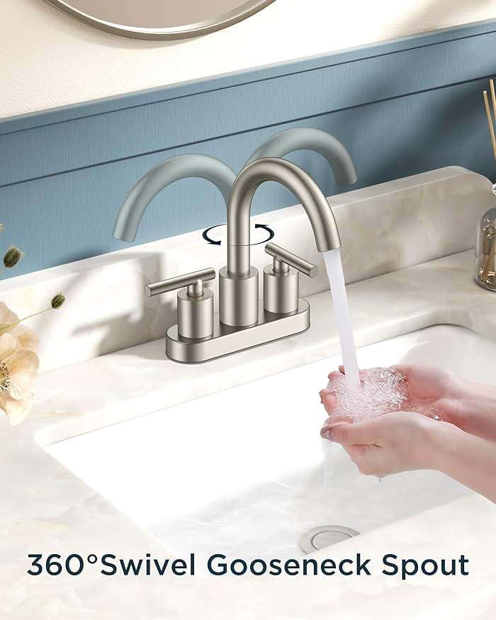 FORIOUS Brushed Nickel Bathroom Faucet 2 Hole, 4 Inch Centerset Bathroom Sink Faucet Brushed Nickel with Pop-up Dain, 24" CUPC Hoses, 360° Swivel Gooseneck for RV Basin - Image 3