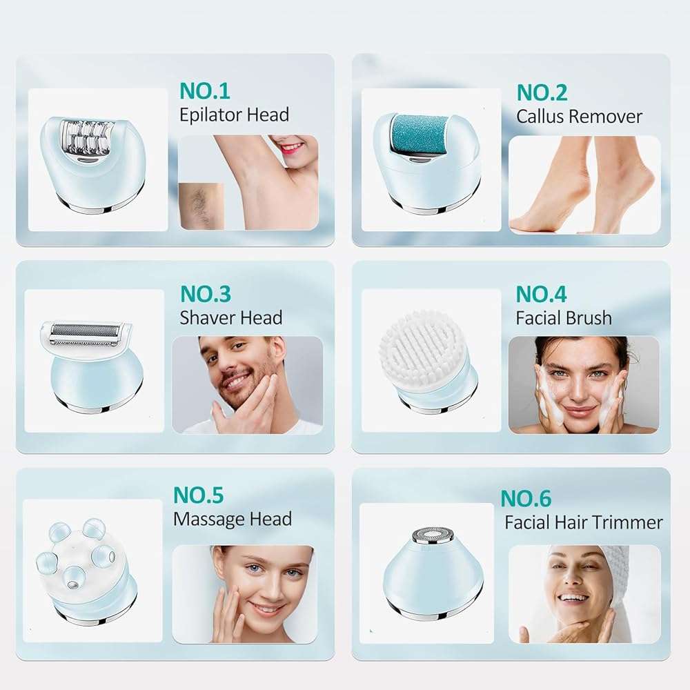 Epilator for Women, 6 in 1 Hair Removal Epilator, Shaver, Face Razor, Facial Brush, Face Massage and Body Exfoliator,IPX7 Waterproof Rechargeable Hair Removal for Women, 2 Speeds - Image 4