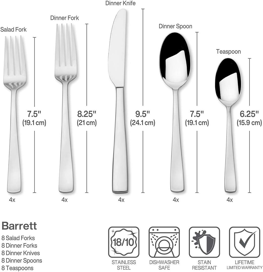 Mikasa Barrett 45-Piece Flatware Set, 18/10 Stainless Steel Silverware Set, Service for 8, Minimalist Square-Tip Handles, Dishwasher Safe - Image 2