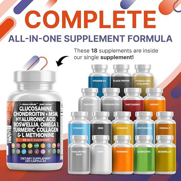Clean Nutraceuticals Glucosamine 1500mg Chondroitin 1200mg MSM with Turmeric Curcumin, Collagen, Hyaluronic Acid, Omega 3 – Joint Health Supplement for Men & Women – Joint Complex – 120 Count - Image 2