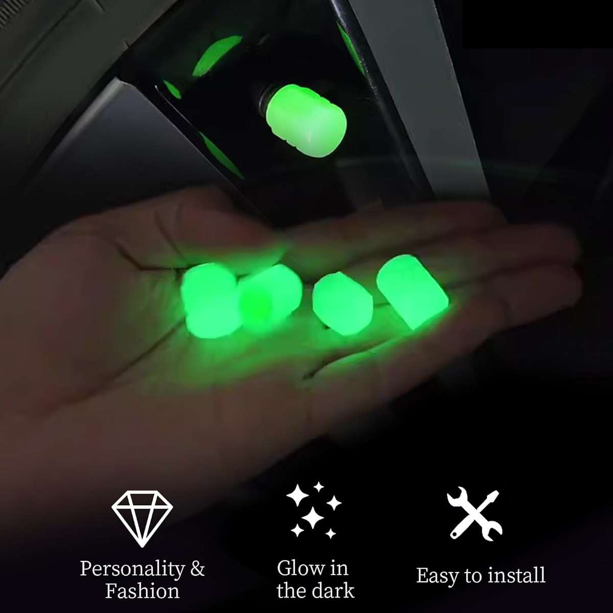 Tire Valve Stem Caps, 8PCS Fluorescent Glow in The Dark Air Valve Cap, Universal Decoration Accessories Cool Car Present for Car SUV Truck Motorcycles Bicycle (Blue/Green) - Image 3