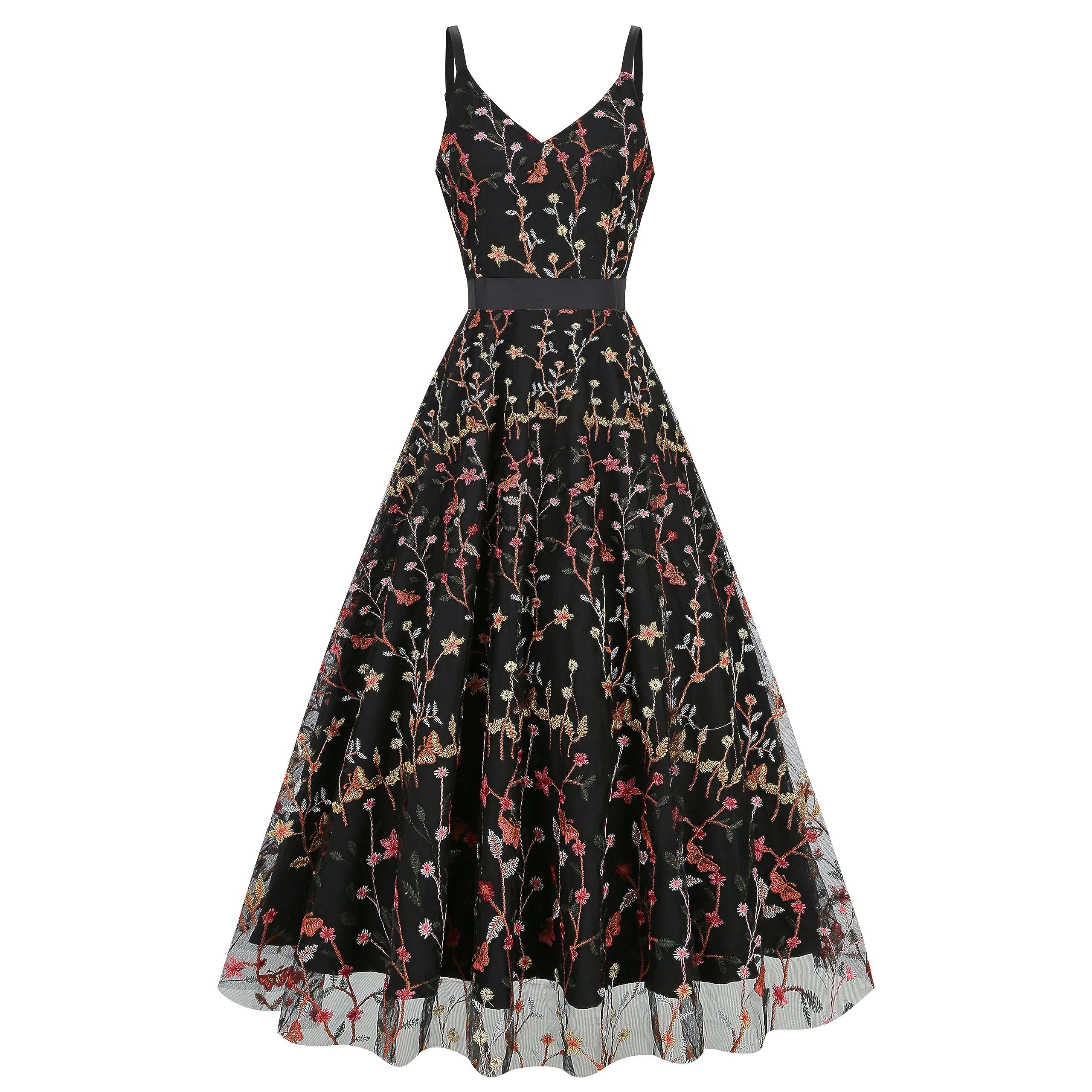 Long Floral Embroidery Dress for Women Flower Embroidered Maxi Dress Spaghetti Straps Formal Evening Party Tulle Prom Dress - Image 1