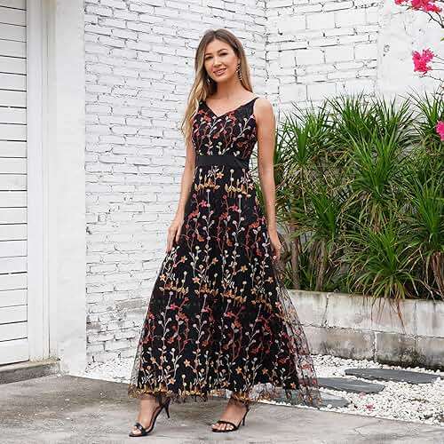 Long Floral Embroidery Dress for Women Flower Embroidered Maxi Dress Spaghetti Straps Formal Evening Party Tulle Prom Dress - Image 3