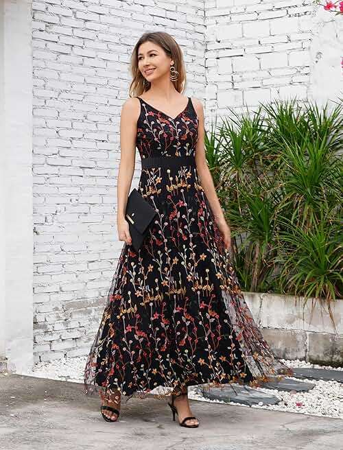 Long Floral Embroidery Dress for Women Flower Embroidered Maxi Dress Spaghetti Straps Formal Evening Party Tulle Prom Dress - Image 4