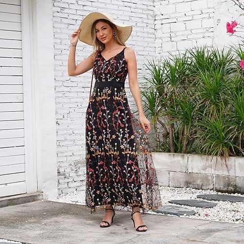 Long Floral Embroidery Dress for Women Flower Embroidered Maxi Dress Spaghetti Straps Formal Evening Party Tulle Prom Dress - Image 5