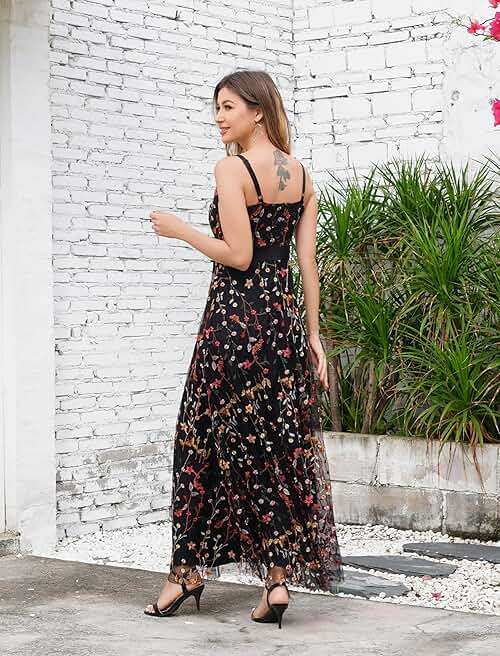 Long Floral Embroidery Dress for Women Flower Embroidered Maxi Dress Spaghetti Straps Formal Evening Party Tulle Prom Dress - Image 6
